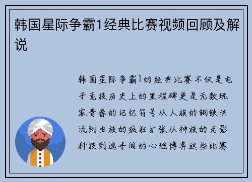 韩国星际争霸1经典比赛视频回顾及解说