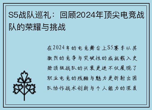 S5战队巡礼：回顾2024年顶尖电竞战队的荣耀与挑战